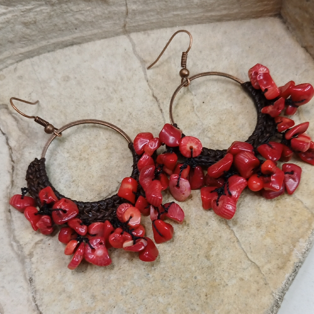Handcrafted Red Coral Hoop Earrings
